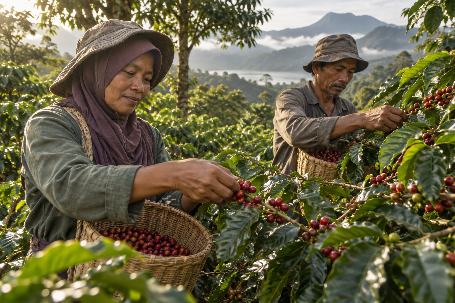 Coffee farmers hand-picking ripe Arabica cherries in the Gayo Highlands
